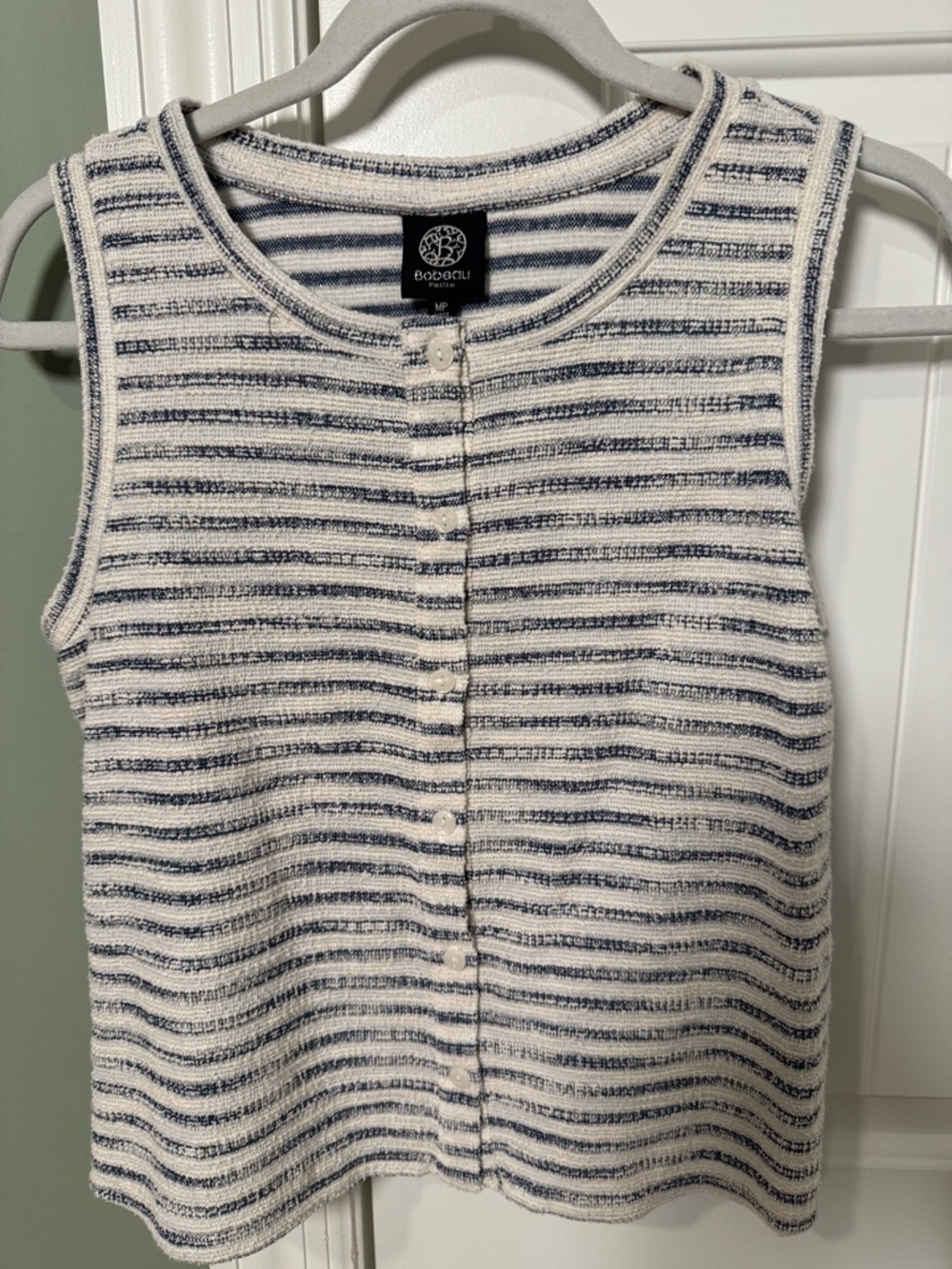 bobeau White and Navy Striped Sleeveless Button-Front Tank